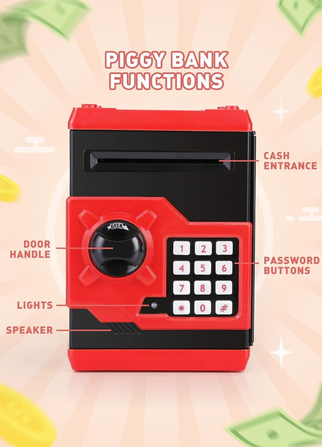 Playsheek Piggy Bank For Girls Boys Large Electronic Money Coin Banks With Password Protection, Automatic Paper Money Scroll Saving Box, Great Gift For Kids (Black-Red)