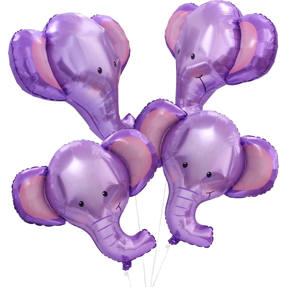 Giant 4D Woodland Wildlife Elephant Balloons Jungle Safari Forest Animals Themed Party Supplies, 4 Pack Purple 35'' So Cute Elep