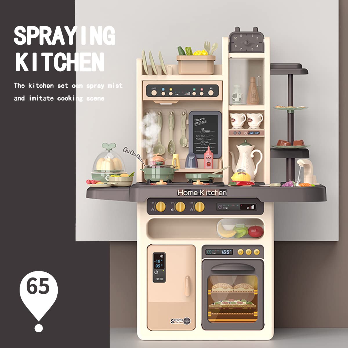 Play Kitchen - Kitchen Playset Pretend Food - Toy Accessories Set w/Real Sounds & Light, Play Sink, Cooking Stove with Steam, 65