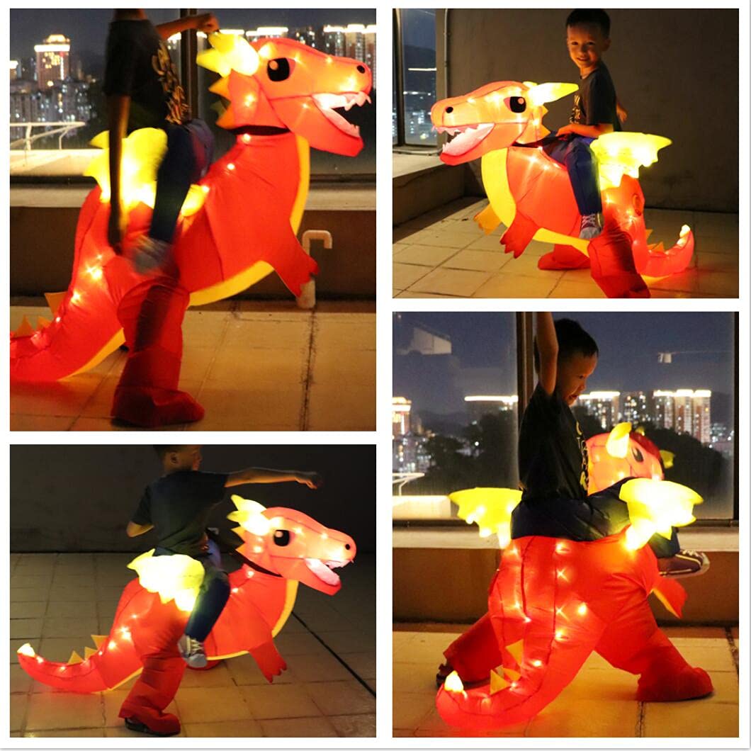 Bddedd Kids Inflatable Costume, Blow Up Red Dragon Dinosaur With Led Light For Halloween (Kids)