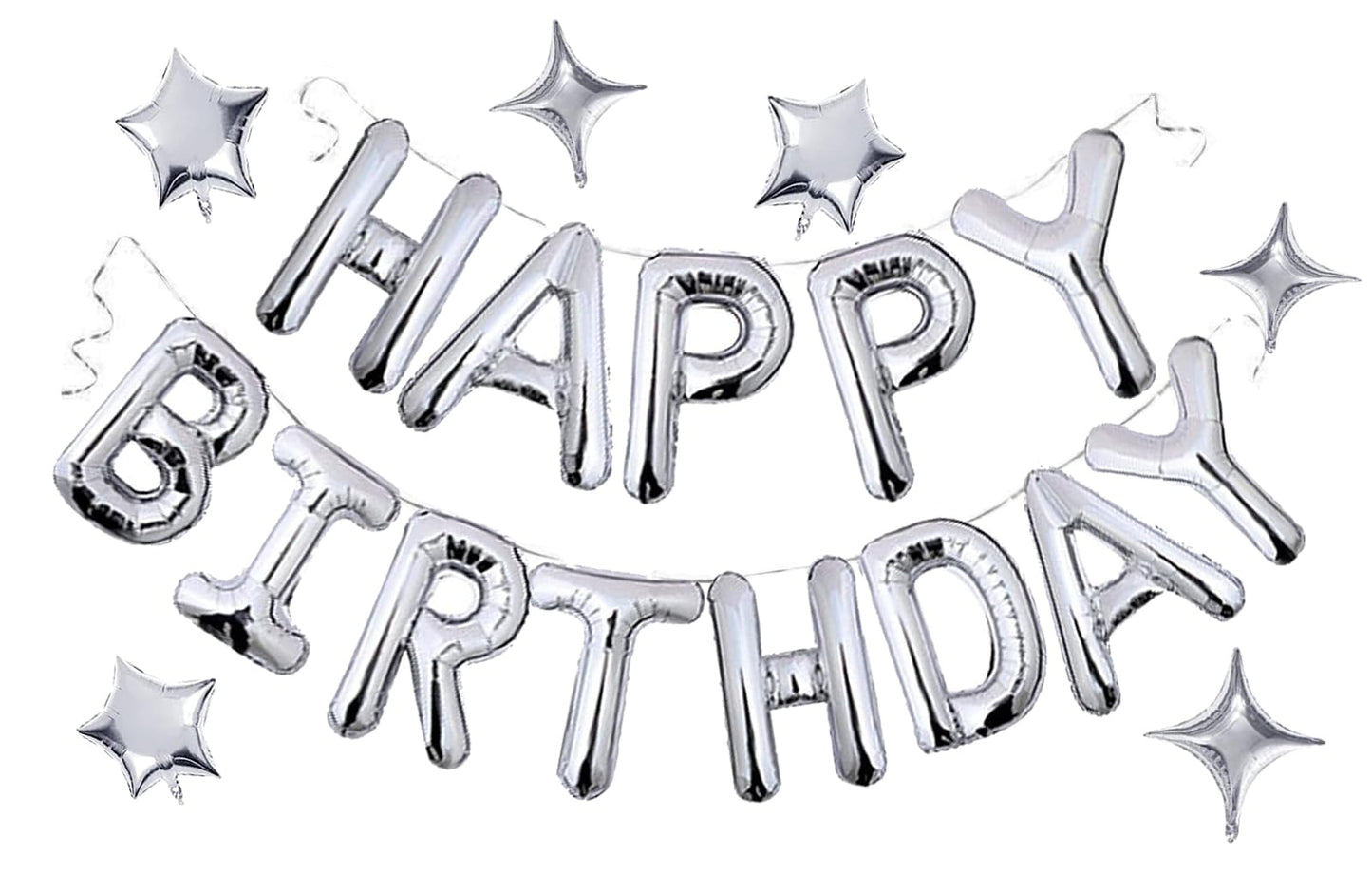 Silver Happy Birthday Balloons Banner, 3D Mylar Foil Letter Birthday Balloons With 6Pcs Star Balloons, Birthday Party Decoration