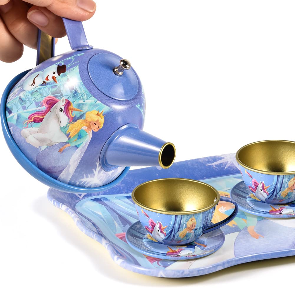 Golray Tea Party Set for Little Girls Frozen Toys Inspired Elsa Princess Gift, 49Pcs Kid Tin Tea Set & Luxury Food Playset & Car