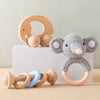 Wooden Baby Rattle 3 Pcs Push Car Rattle Set Crochet Rattle Ring Wooden Montessori Toy For Newborn Infant Baby Gifts (Elephant R