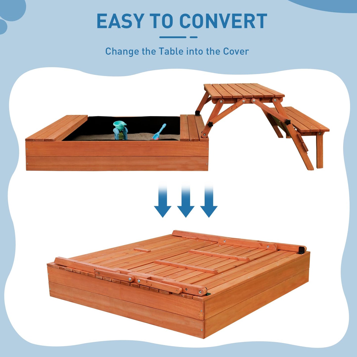 Funxplore Wooden Kids Sandbox With Lid Sand Box With Cover Outdoor Sand Pit With Picnic Table Ages 4-8 Bottom Liner