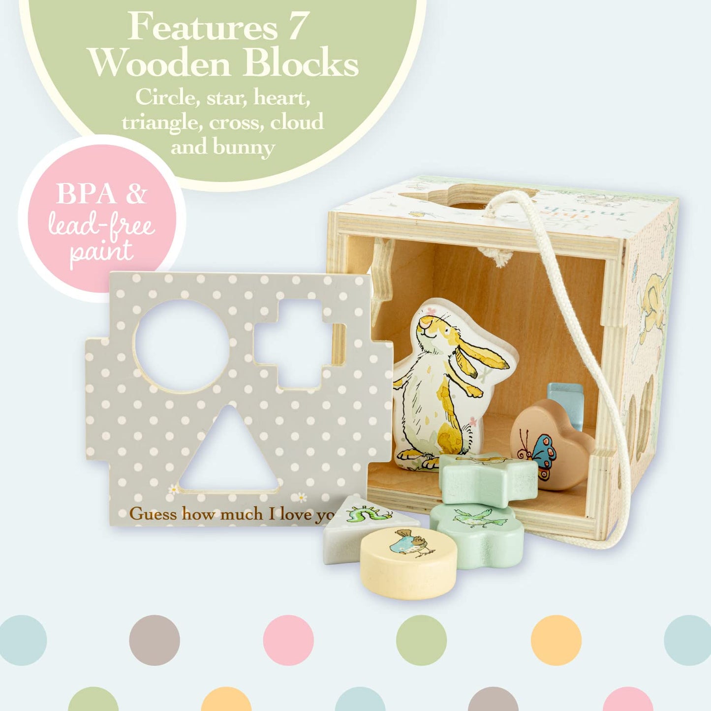 KIDS PREFERRED Guess How Much I Love You Wooden Shape Sorter for Toddlers 1-3, Fun Montessori Toys for 1 Year Old with Rope Hand