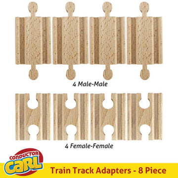 Set of 8 Male-Male Female-Female Wooden Train Track Adapters - Railway Expansion Accessories Compatible with Major Toy Trains -