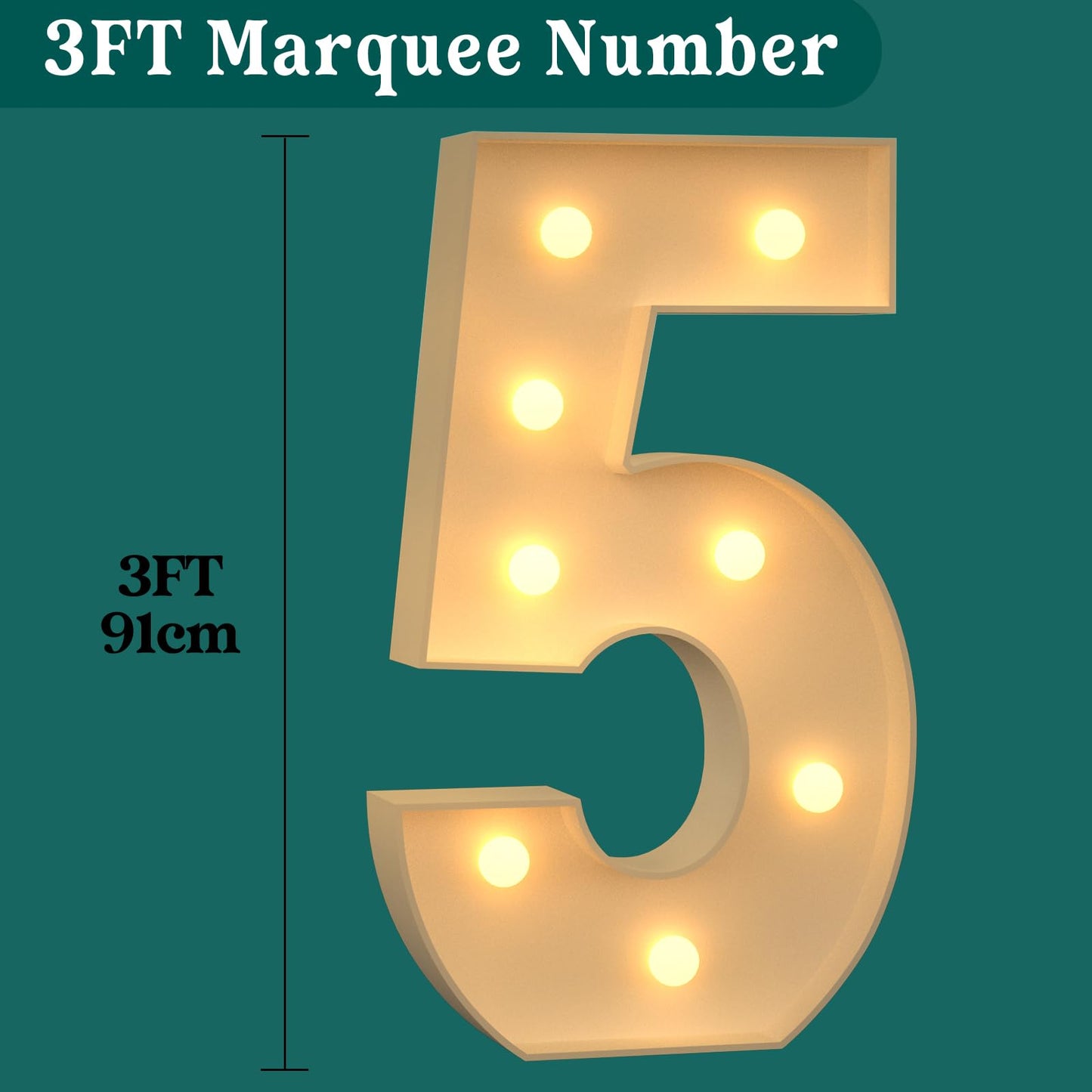 Mixifox 3FT Marquee Numbers - Light Up Number 5 for Birthday Decor, Foam Board, Perfect for 5th, 15th, 50th Celebrations