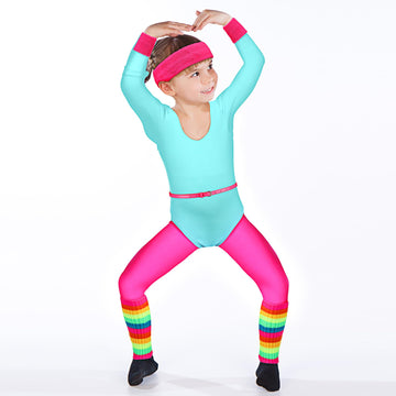 Hicarer 5 Pcs Kids 80S Workout Costume Outfit Accessories Set, Neon Leotard Legging Headband Wristband Leg Warmers Belt(2-3 Year