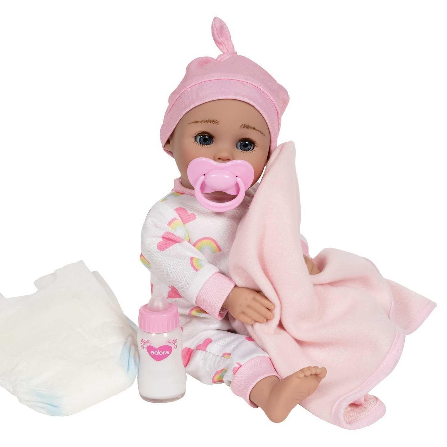 Adora Rainbow Hugs Doll Set! Realistic 13' Baby Doll And Nurturing Set With 7-Pc Doll Accessories Includes Crib Box, Rainbow-Print Onesie, Beanie, Pacifier, Diaper, Magic Milk Bottle And Blanket