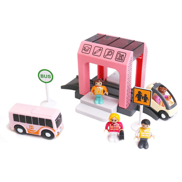 Hanqiann School Bus Station Toy For Wooden Train Track, Diy Extend Station Playset For Railroad Train Track,Preschool Learning E