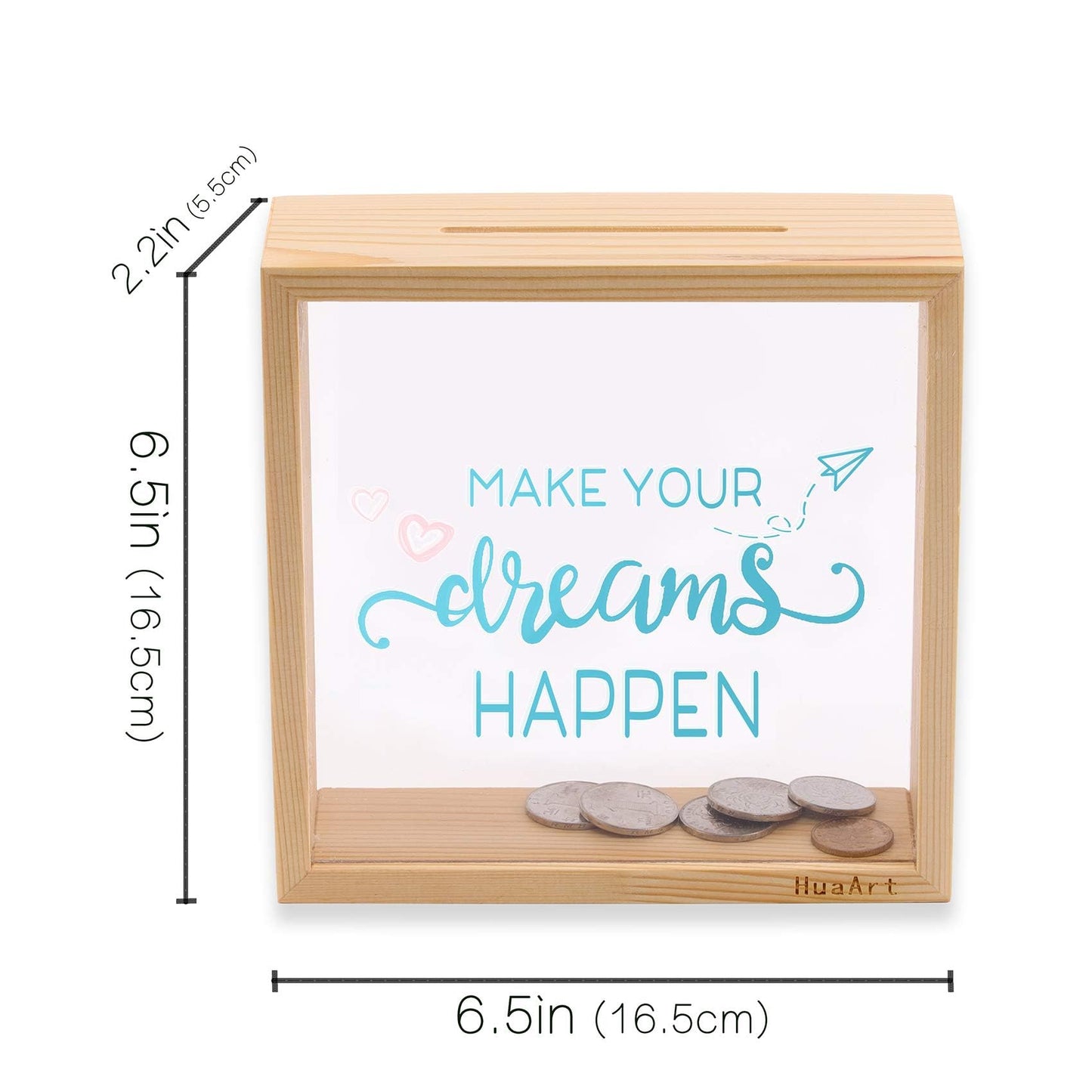 Piggy Banks For Adults, Wooden Money Coin Bank For Boys And Girls, Coin Bank Money Bank, Sized 6.5X6.5X2.2 Inch, Natural Wood Money Box, Printed On The Plexiglass Front-Make Your Dreams Happen.