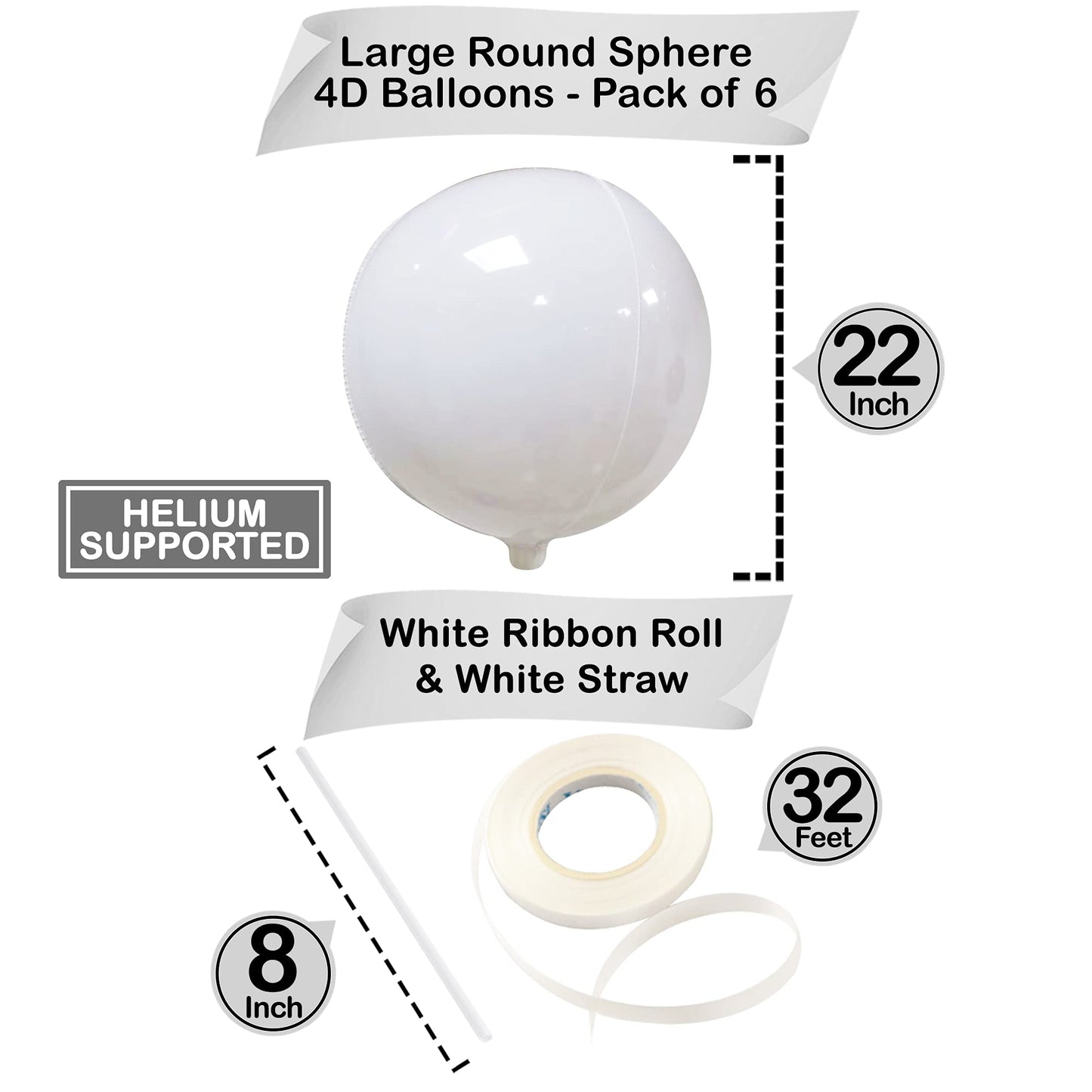 Katchon, Round White Mylar Balloons - 22 Inch, Pack Of 6 | White 4D Balloons, White Foil Balloons For Baby Shower | Metallic White Balloons For White Birthday Decorations | White Metallic Balloons