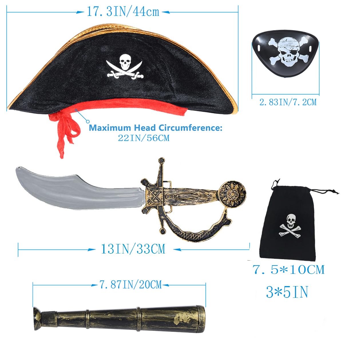 10 Pcs Pirate Costume Kids Coat Pants Hat With Accessories Deluxe Set For Party Cosplay 11-12 Years