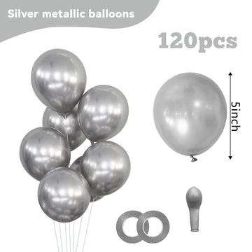 120Pcs 5 Inch Metallic Silver Balloons, Metallic Chrome Silver Latex Balloons, Mini Small Balloons For Birthday Wedding Party De