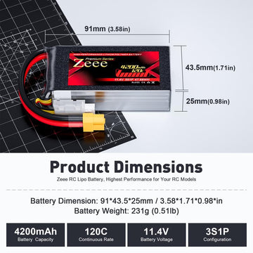 Zeee Premium Series 3S Lipo Battery 4200mAh 11.4V High Voltage Shorty Battery 120C with XT60 Plug Soft Case HV Lipo Compatible w