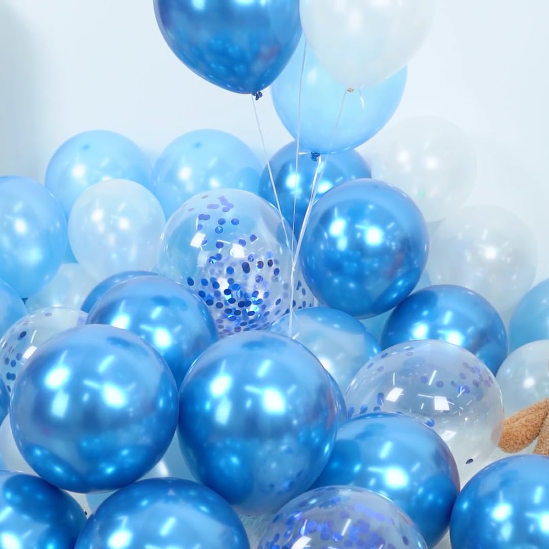 Blue And White Balloons, 60 Pcs Light Blue And White Balloons Set With Blue Confetti Metallic Blue Balloons, 12 Inch Pearl White