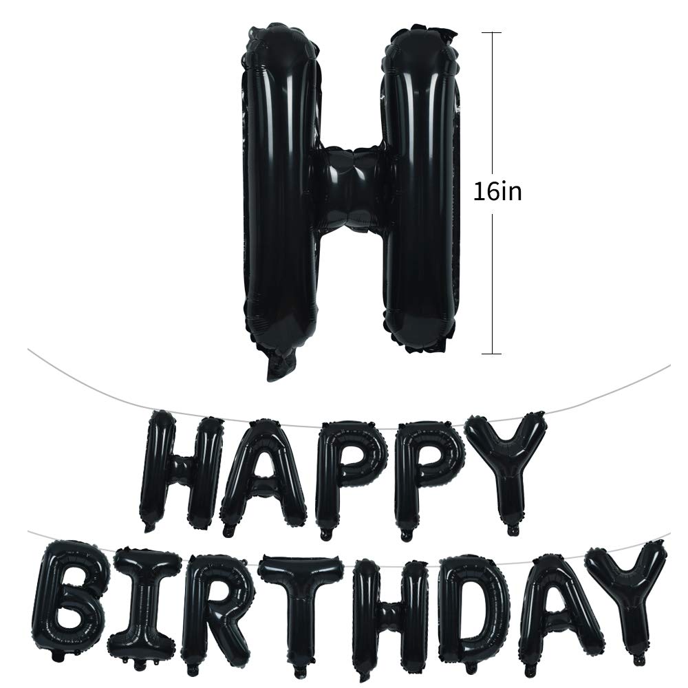 Toniful Black Happy Birthday Balloons Banner 16 Inch Mylar Foil Letters Birthday Sign Banner Bunting Reusable For Girls Boys Kid