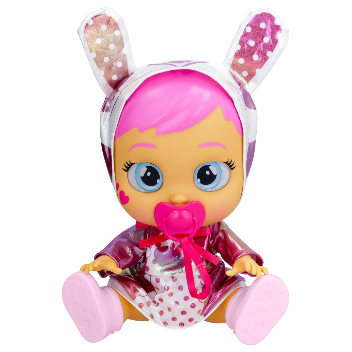 Cry Babies Stars Coney -12 Baby Doll Pink and White Shiny Iridescent Dress with Bunny Themed Hoodie, for Girls and Kids 18M and