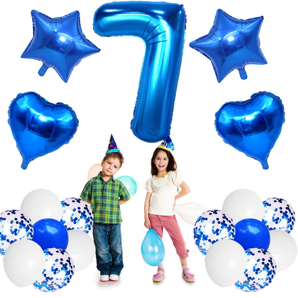 Huture 7 Birthday Party Supplies Blue Number 7 Foil Balloon Happy Birthday Banner Kit 7Th Birthday Decoration White Blue Latex C