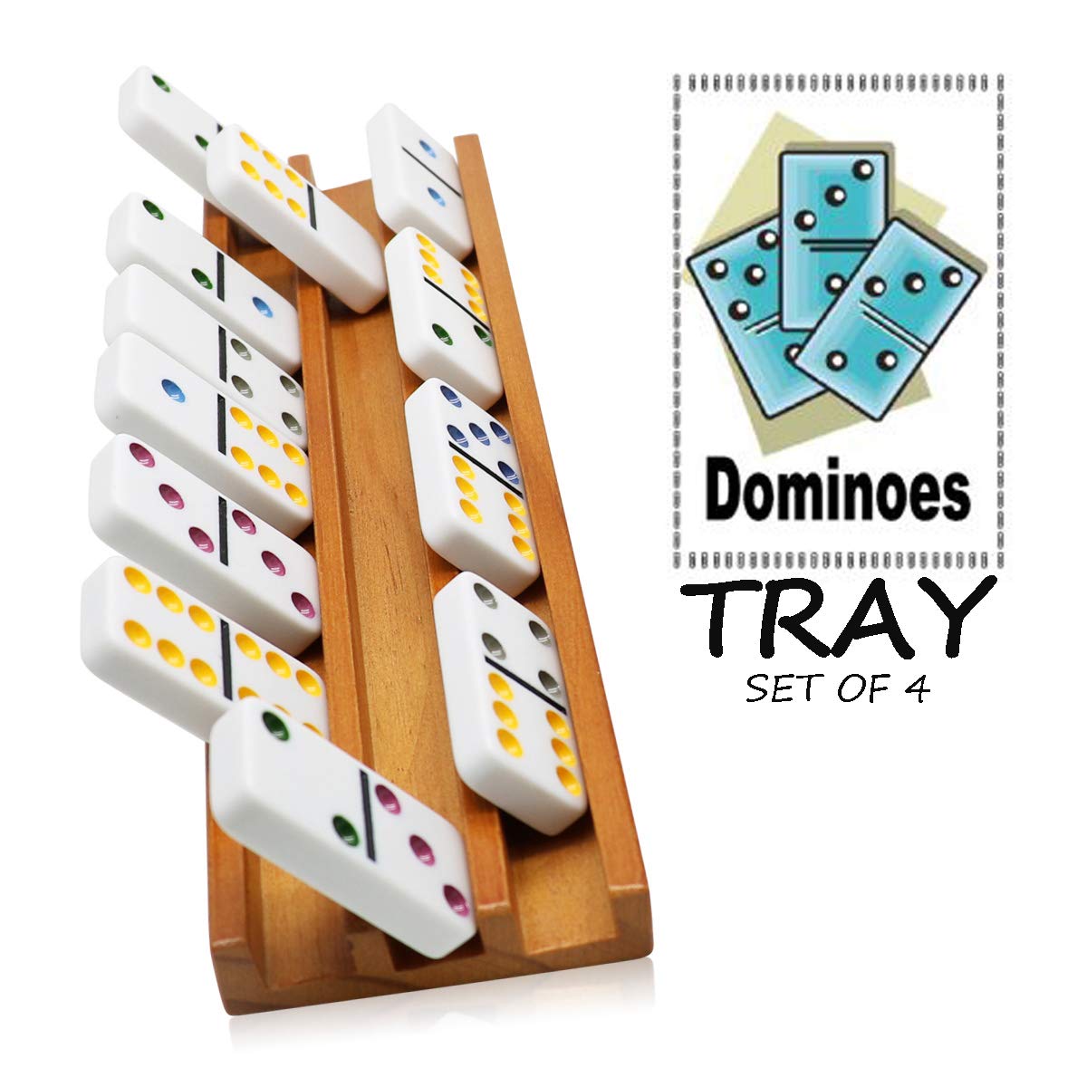 Exqline Wooden Domino Racks Organizer Set of 4 - Premium Brown Holders for Mexican Train Dominoes - Model DR-002
