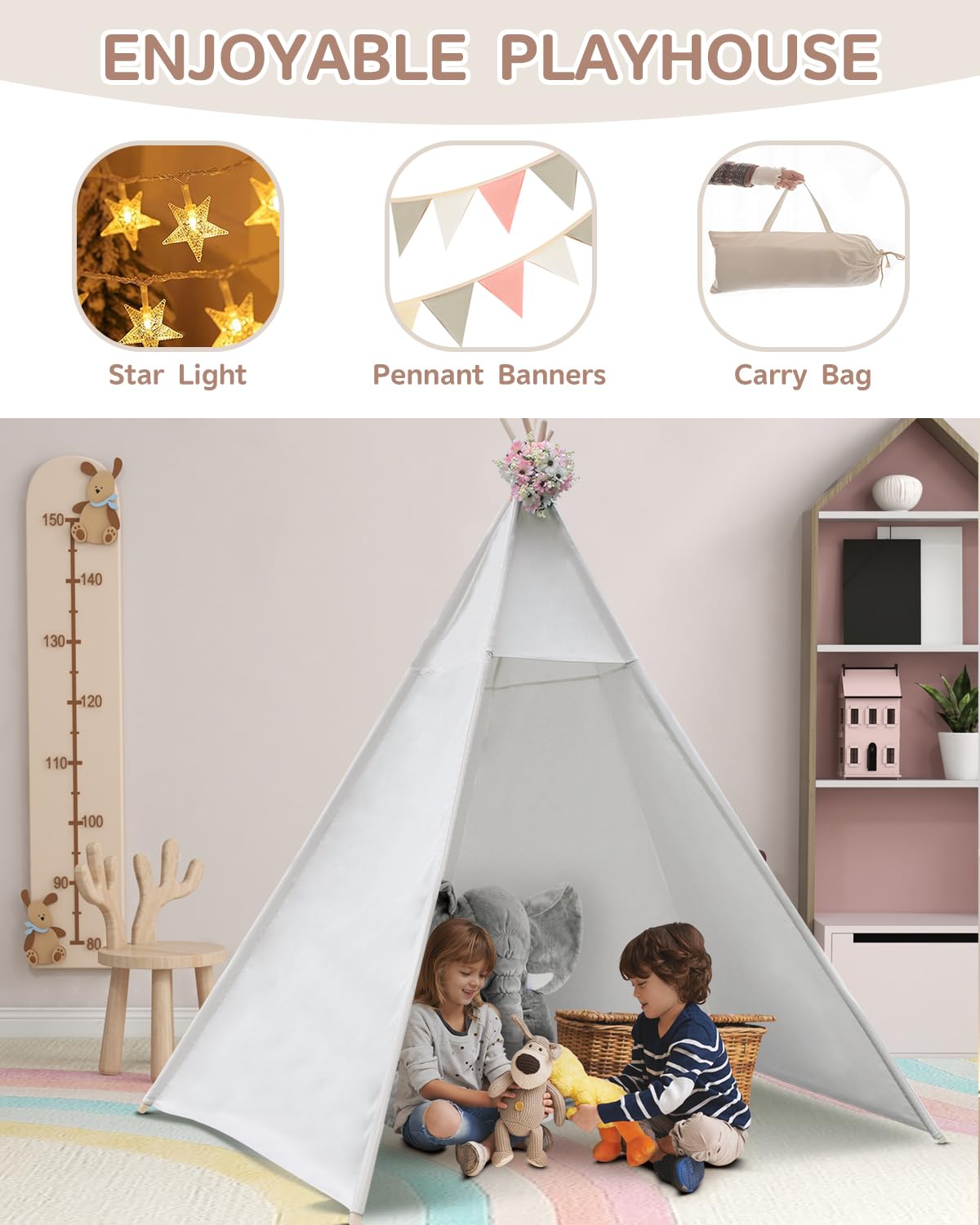 86'' H Larger Teepee Play, Huge Foldable Indoor With Star Light, Large Tall Outdoor Canvas for Adults, 5 Sides Wide Open Front W