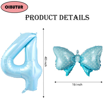 40 Inch Number 4 Balloon With Bow Blue Happy Birthday Jumbo Number Balloon For Boys Girls Birthday Decorations Party Supplies (B