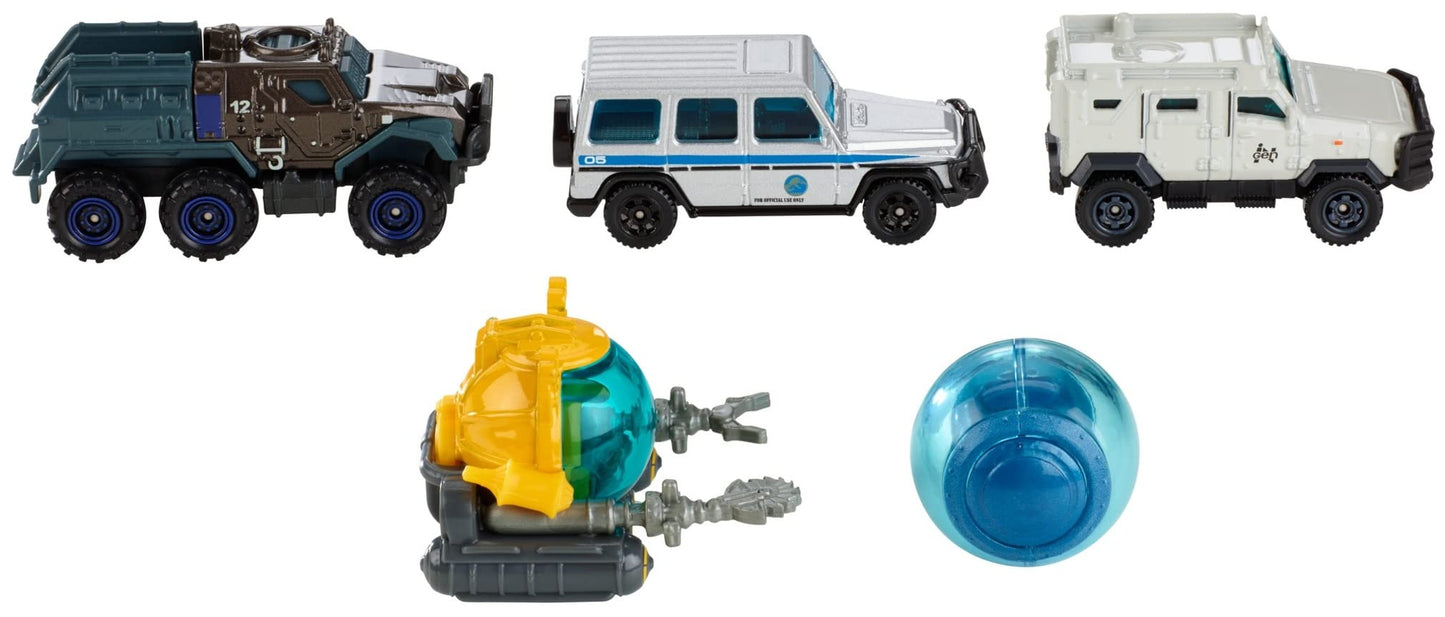 Matchbox Jurassic World 1:64 Die-Cast Vehicle & Dinosaur 5-Packs, 5 Cars & 1 Mini Figure, Toy Set & Collectible