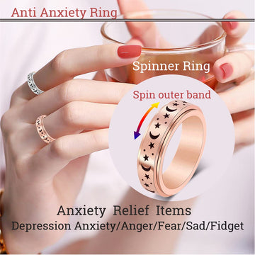 Amorartsky Spinner Ring For Anxiety Relief Fidget: Anxiety Ring For Women Men, Titanium Stainless Steel Spinner Ring, 5 Colors, 6Mm, Size 9, Moon Star Fidget Ring-Rose Gold
