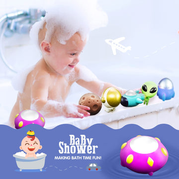 Bath Toys Light Up Floating Space Bath Tub Toy Set 6pcs Glowing Bath Toy Universe Theme Toy with Astronaut Rocket Ship Alien UFO
