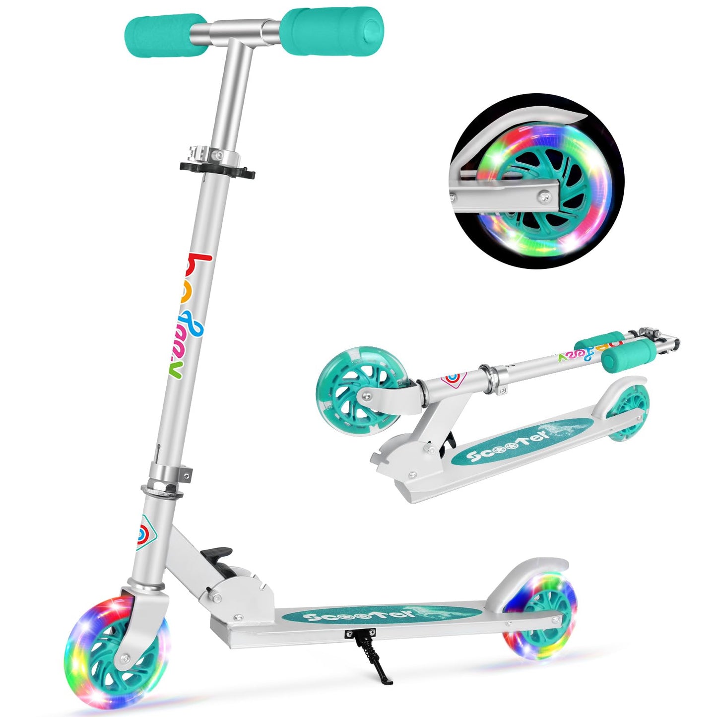 Beleev V1 Scooters For Kids, 2 Wheel Folding Kick Scooter For Girls Boys, 3 Adjustable Height, Light Up Wheels, Lightweight Push Scooter With Kickstand For Children Ages 3-12 (Aqua)