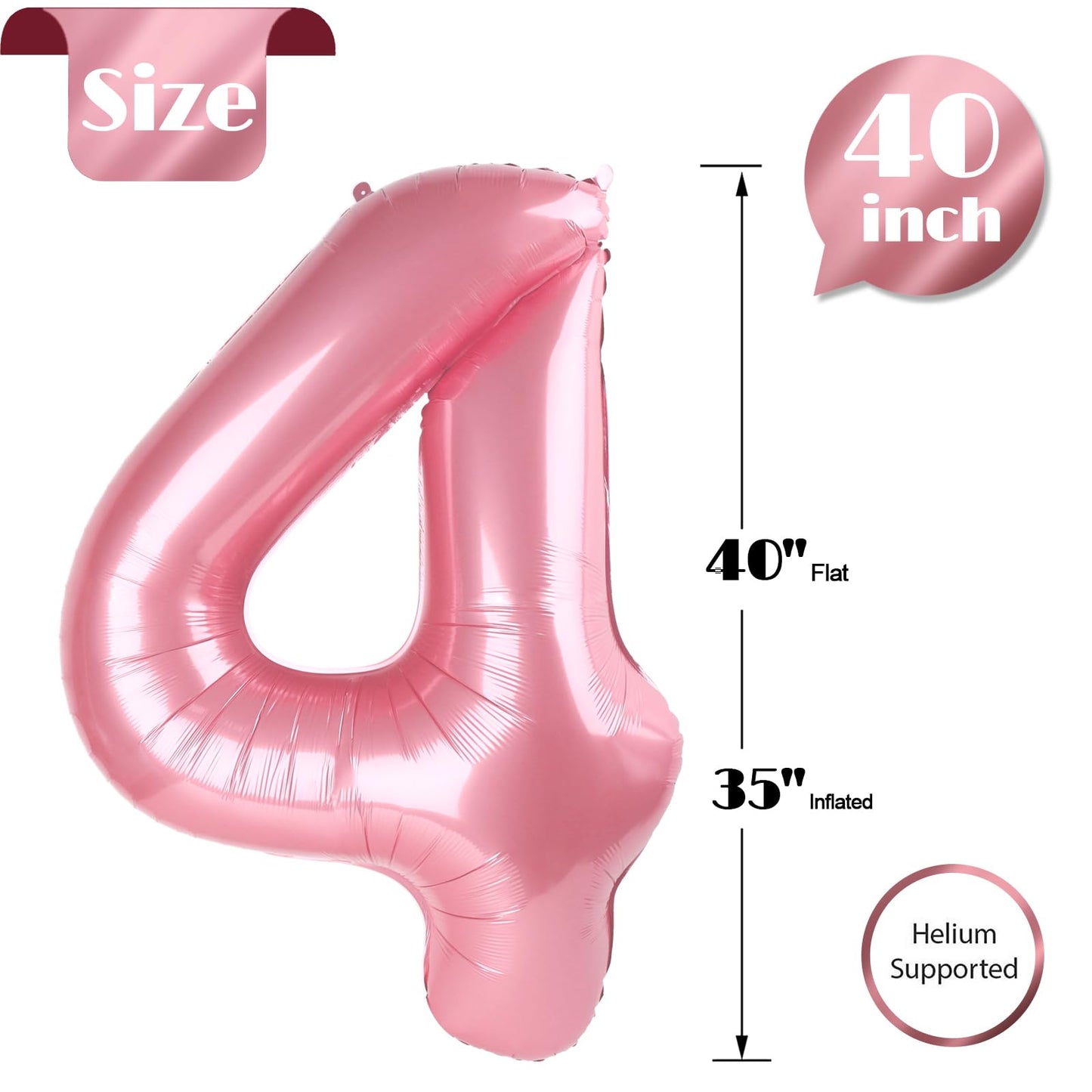 Pearlescent Pink 4 Balloon, Number Balloons 40 Inch, 4Th Birthday Decorations For Girls Four Large Numbers For Party Decor, Numb