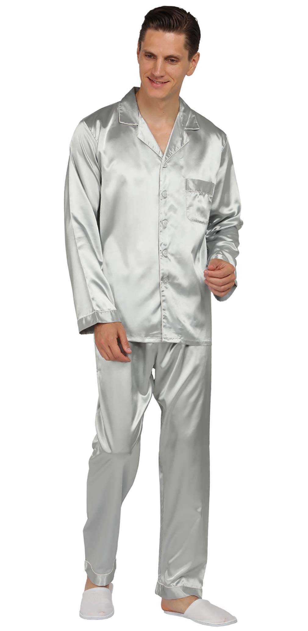 Yimanie Mens Satin Pajamas Set Classic Sleepwear Loungewear Silver Grey