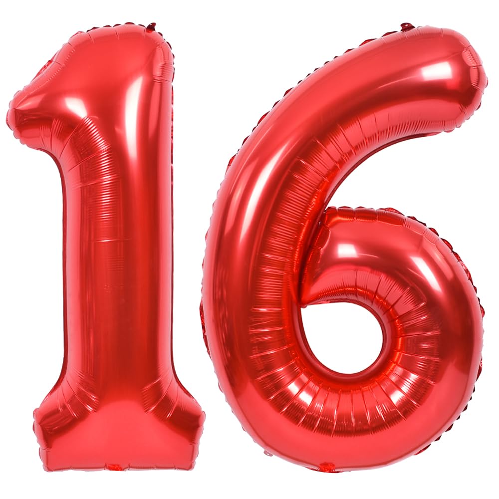 Toniful 40 Inch Red Large Numbers Balloons Number 16 Digital 16 Helium Balloons, Foil Mylar Big Number Balloons For Birthday Par