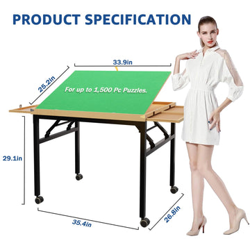 JoyPcsTable 1500-Piece Jigsaw Puzzle Table, 35x26, Wood, Black Legs, Model 230923, Adjustable, Portable, Folding Design on Wheels