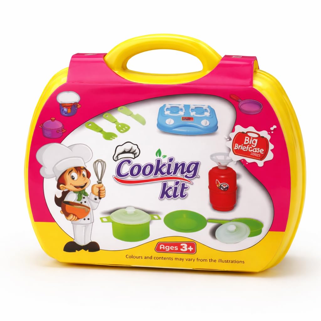 GURTOY Kids Cooking Set Toy, Pretend Play Kitchen Set with Stove, Utensils & Pots, Portable Briefcase, Ages 3+