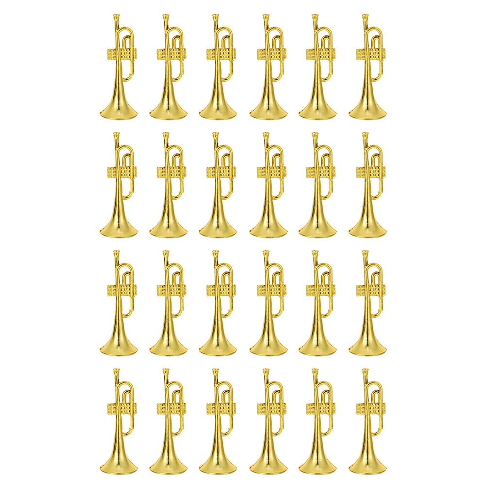 24Pcs Gold Brass Trumpet Ornament Decoration - Golden Plastic Trumpet Diy Scene Decoration Music