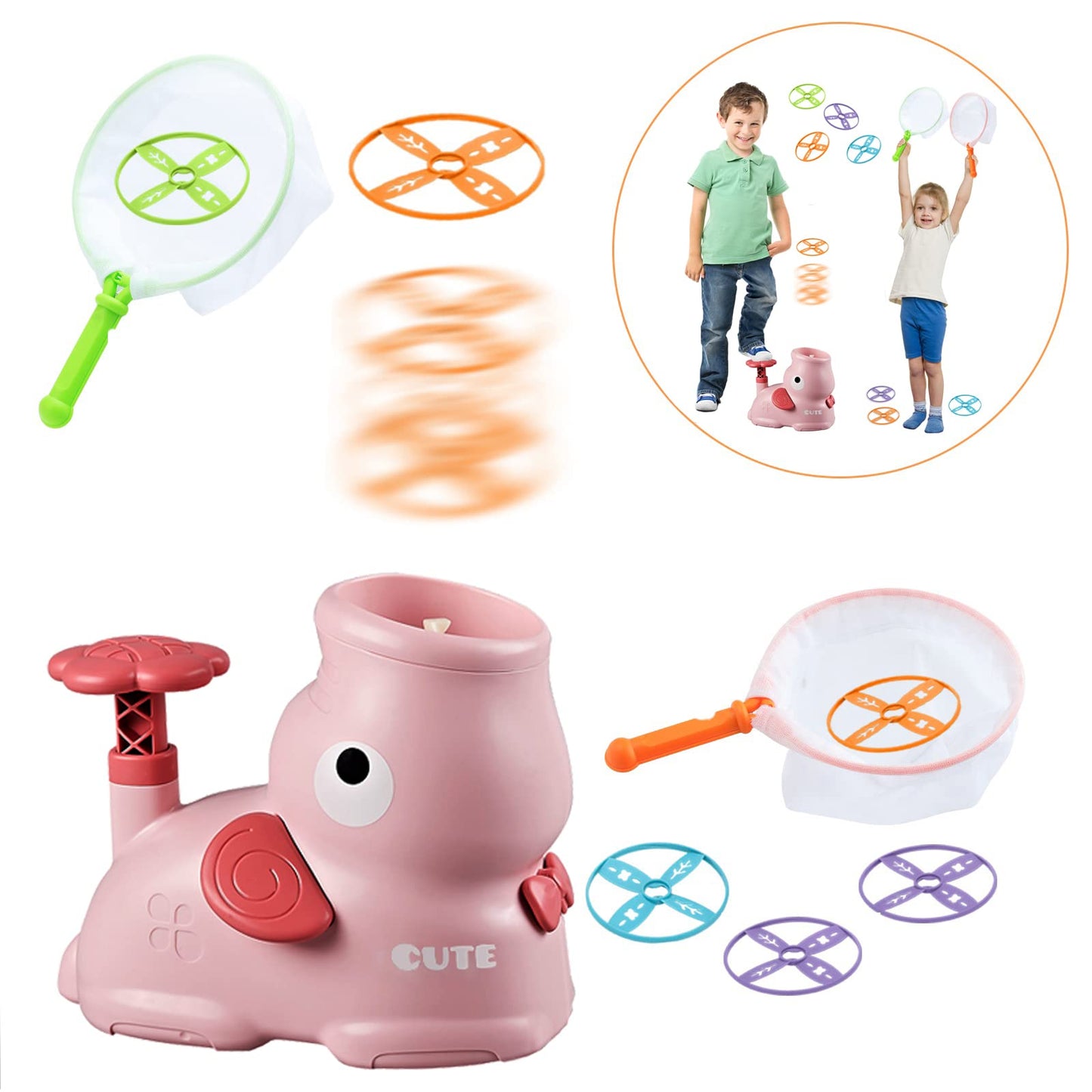 Kuthsic Outdoor Toys For Kids Ages 4-8, Flying Disc Launcher Toy For Kids With 8 Flying Discs 2 Net Pockets Kids Outside Toys For 4 5 6 7 8 Years Old Kids Toys For Birthday Christmas New Year(Pink)