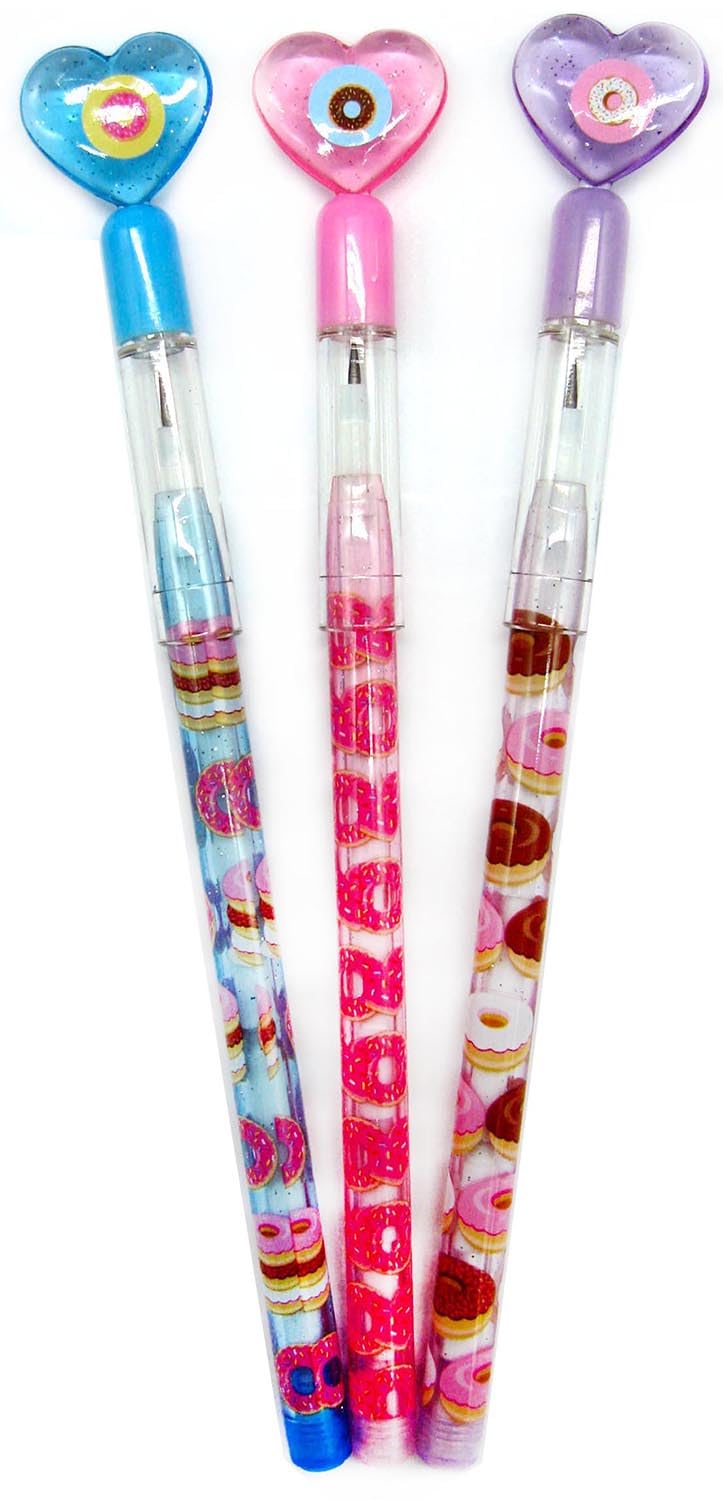 TINYMILLS 24 Pcs Donuts Multi Point Stackable Push Pencil Assortment with Eraser for Donut Party Favor Prize Carnival Goodie Bag