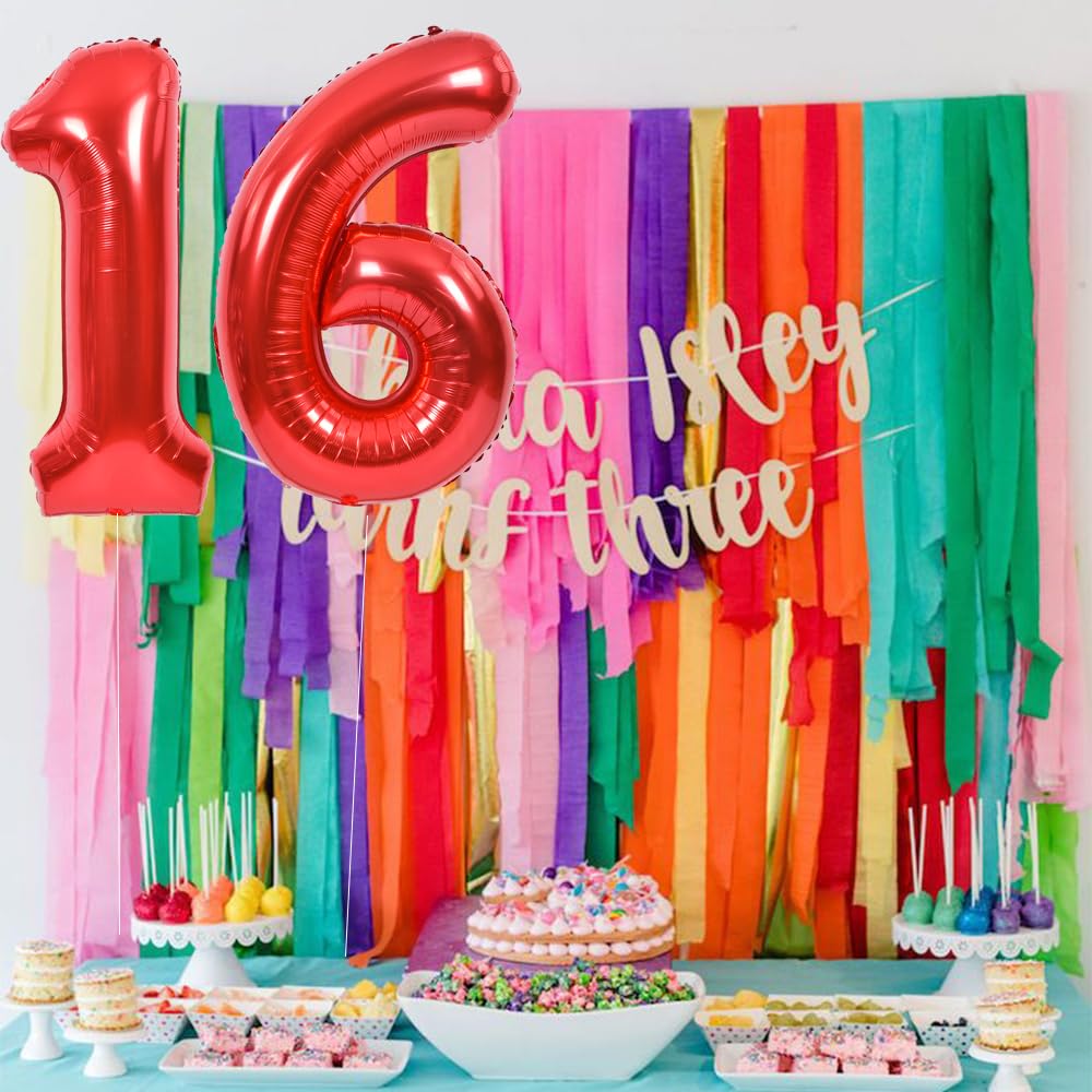 Toniful 40 Inch Red Large Numbers Balloons Number 16 Digital 16 Helium Balloons, Foil Mylar Big Number Balloons For Birthday Par