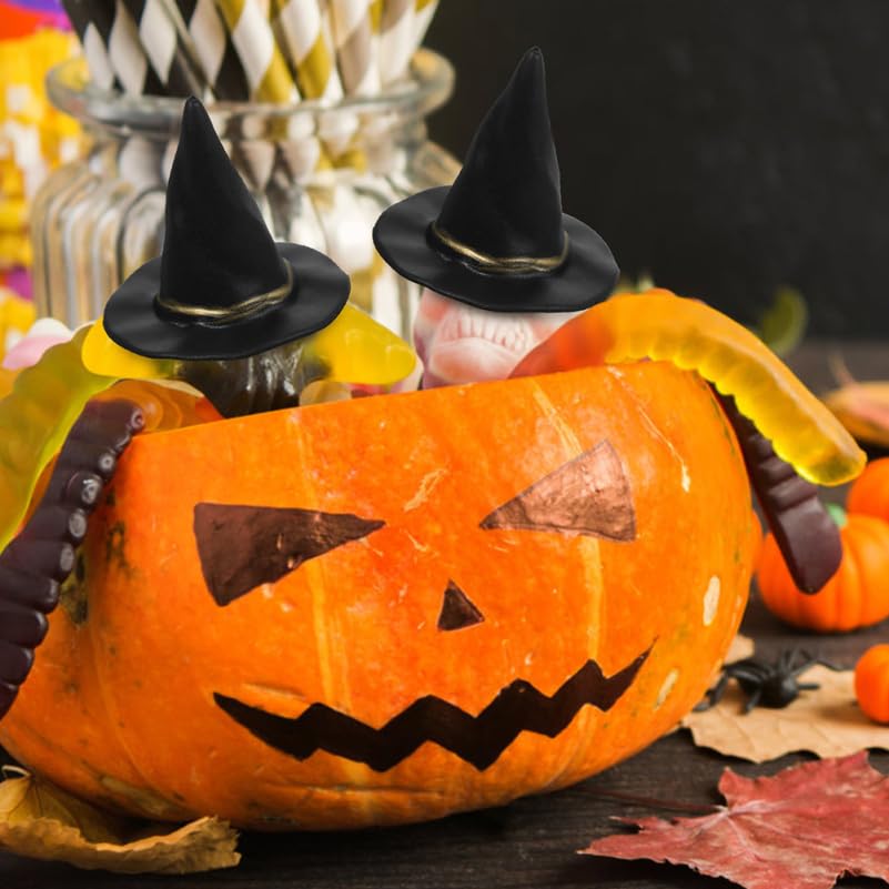 SAFIGLE 12pcs Mini Witch Hats:Tiny Witch Hats Halloween Black Plastic Caps for DIY Crafts, Party Decorations, Dollhouse Props, a