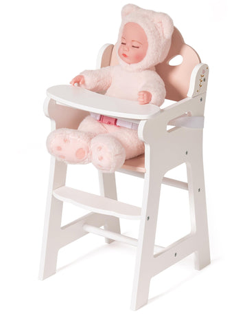 Robud Baby Doll High Chair, Pretend Play High Chair With Seat Belt, White Wooden Baby Doll Accessories With Movable Tabletop, Fi