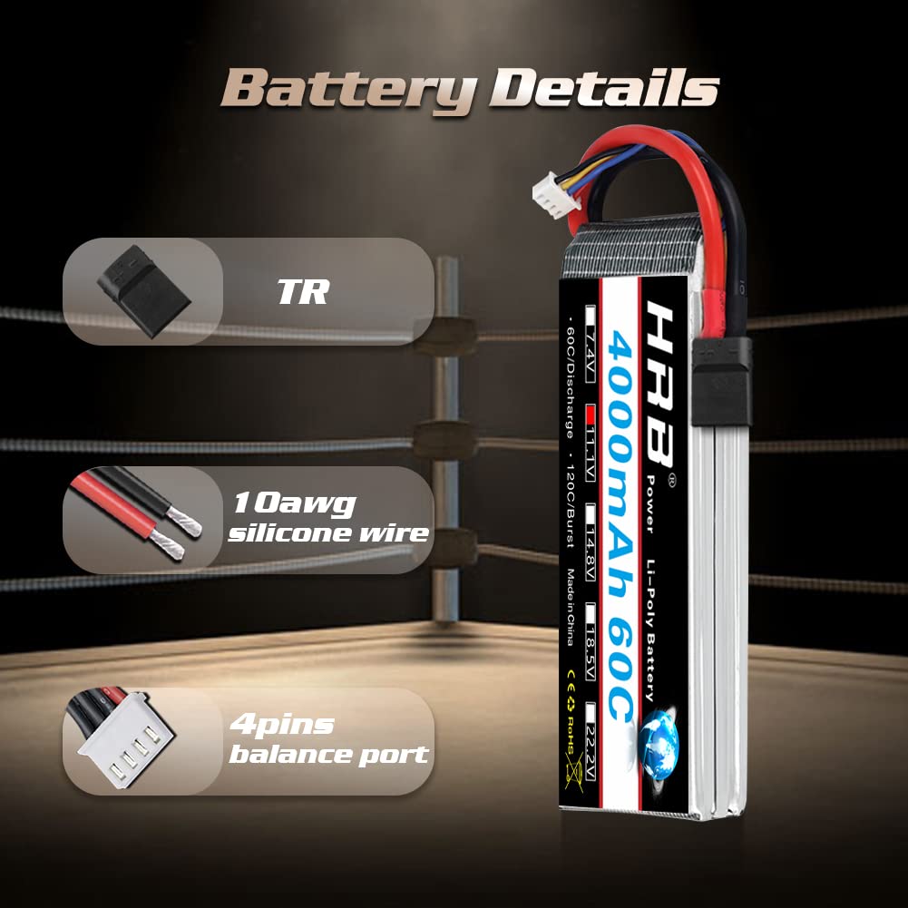 HRB 2PCS 3S Lipo Battery 4000mAh 11.1V 60C RC Lipo Batteries for RC Airplane, RC Helicopter, RC Car, RC Truck, RC Boat