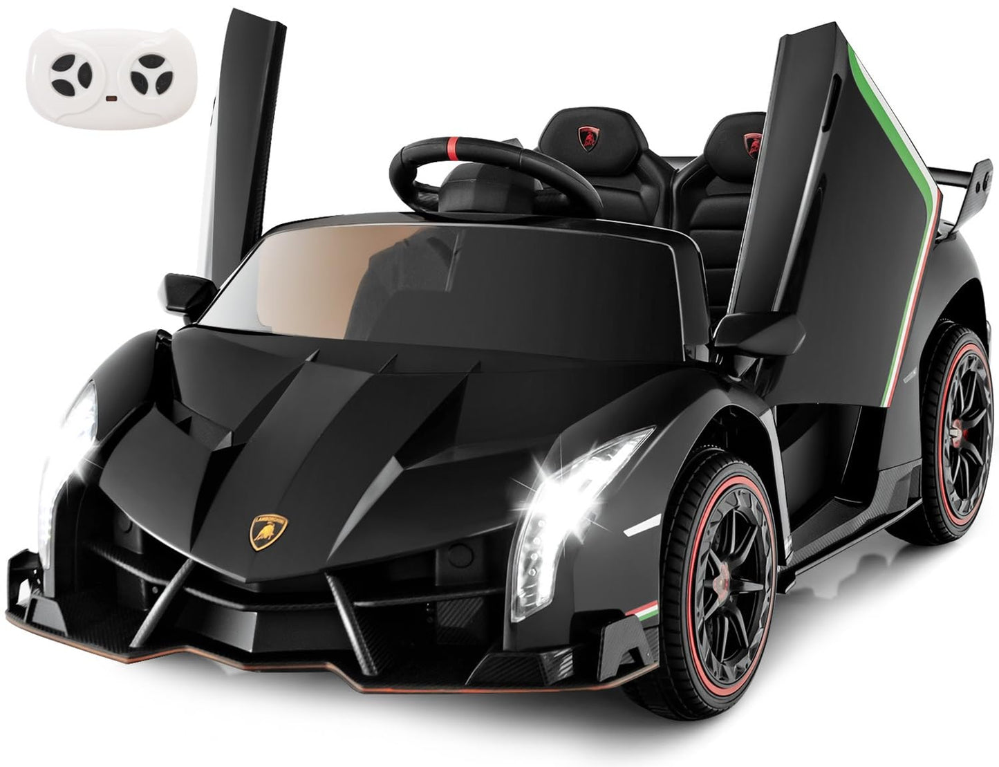 Infans 2 Seater Kids Ride On Car, 12V 4Wd Licensed Lamborghini Veneno Powered Electric Vehicle With Hydraulic Doors, Rocking Mode, Adjustable Speeds, Remote Control, Mp3, Headlight (Coral)