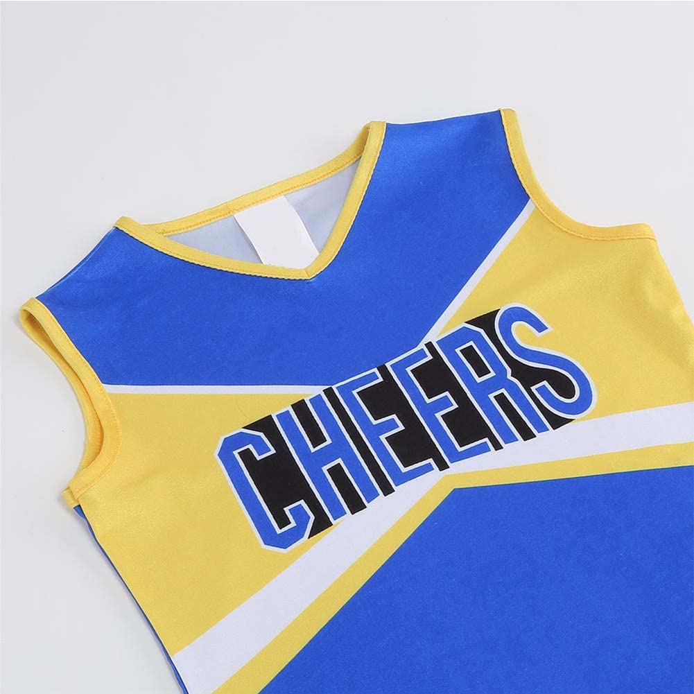 Lmyove Cheerleader Costume For Girls, Cheerleading Outfit For Kids With Pom Pom, Child Halloween Costume Dress Uniform, Blue & Yellow, 4-5T