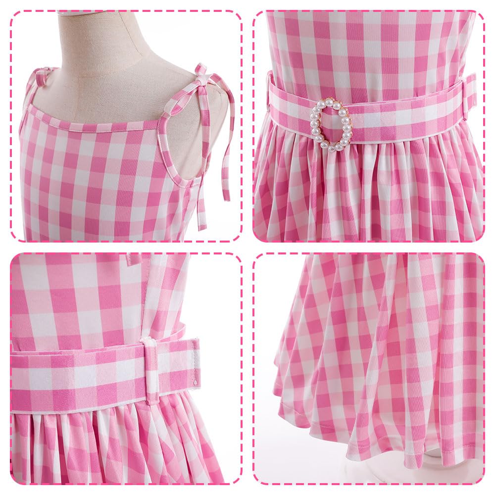 Btonai Girls Pink Costume for Kids Pink Plaid Dressgirls 70s80s Outfits Halloween Party 7-12Y
