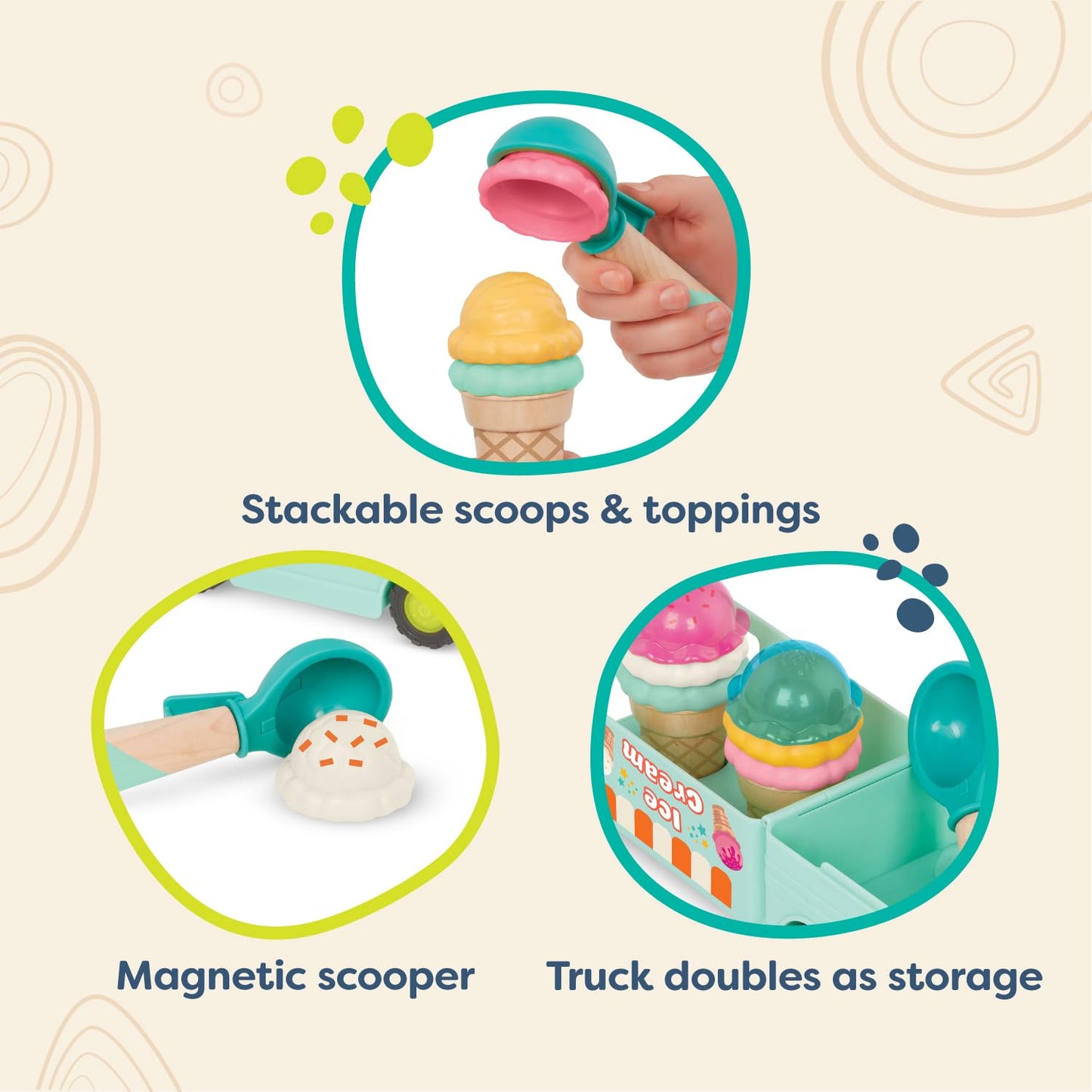 B. toys- Sweet Scoops- Pretend Play Ice Cream Truck Play Set - Play Food & Accessories - Toy Truck, Stackable Scoops, Magnetic S