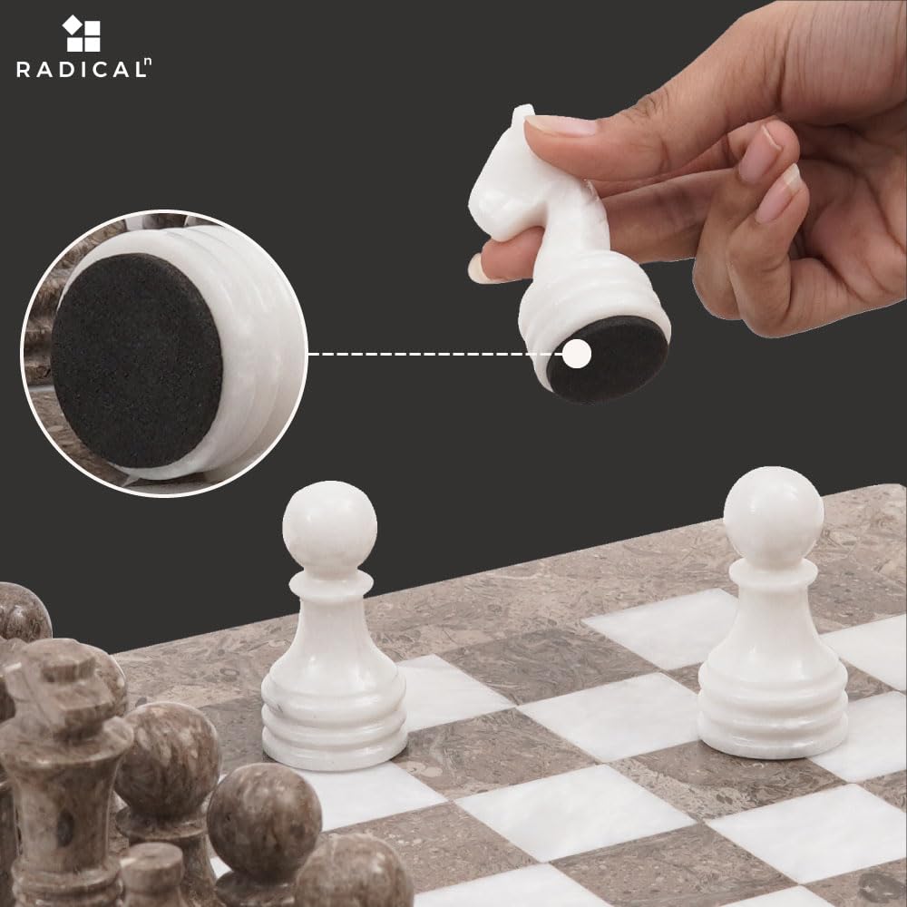 Radicaln Marble Chess Set - 15" Grey Oceanic & White Handmade Board Game for Adults - 32 Pieces Included