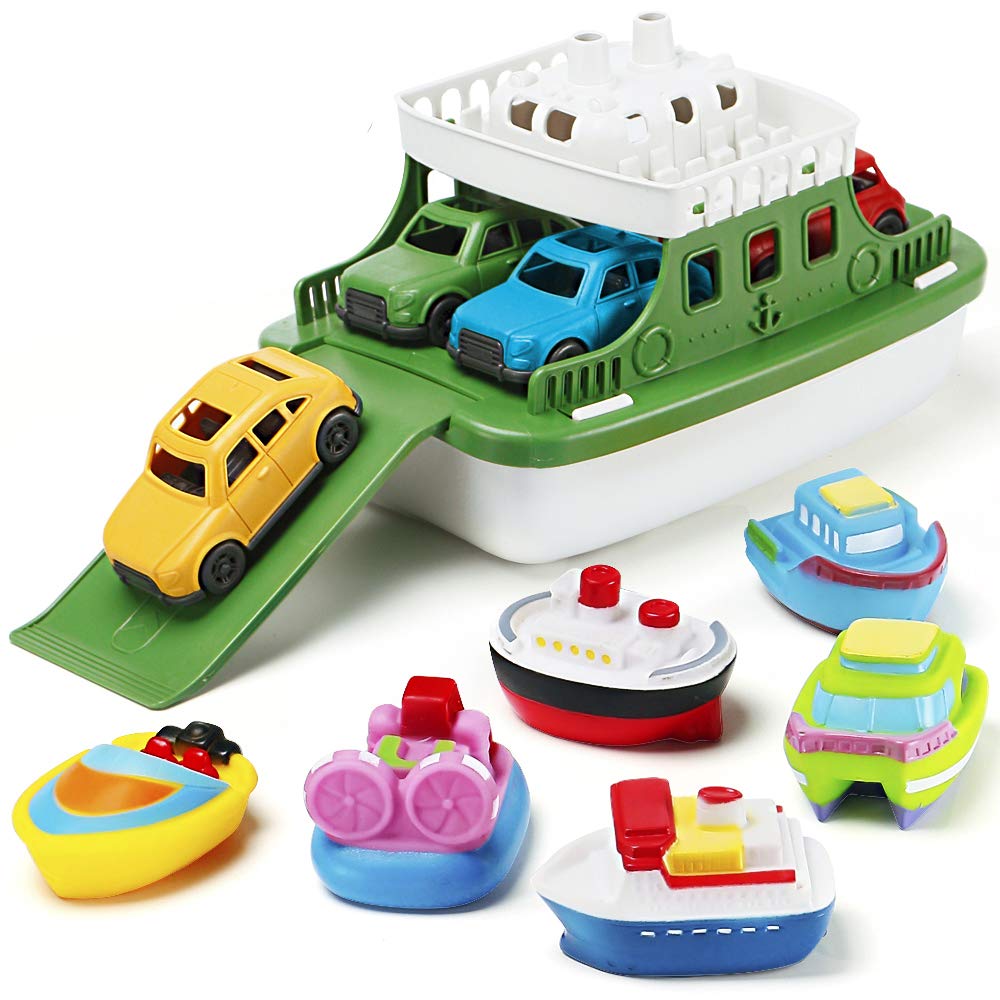 Bath Boat Toy, 11-Piece Set With 4 Mini Cars & 6 Boat Squirters - Floating Toys For Bathtub, Bathroom, Pool, Beach - Toddlers, Boys & Girls
