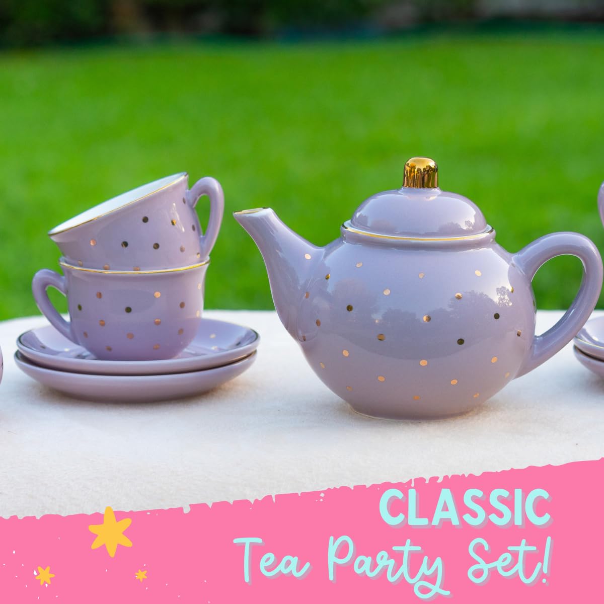 Porcelain Tea Set for Girls - Lavender & Gold Polka Dot Tea Party Set for Kids I Complete Children Tea Sets with Carry Case, Bir