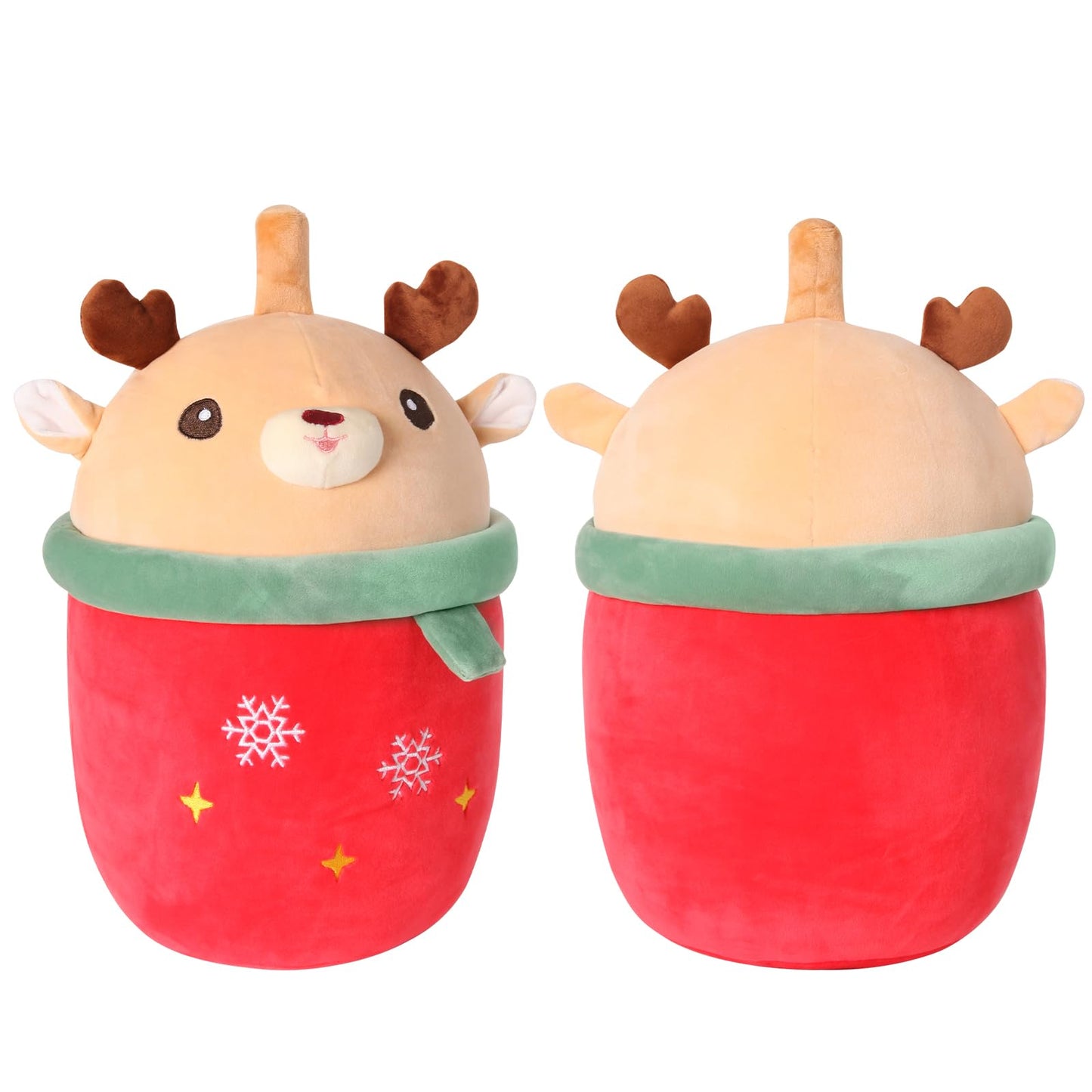 MMguai 14 inch Cute Christmas Deer with Green Scarf,Boba Bubble Tea Plush Soft Pillow Plushies,Large Deer Milk Tea Stuffed Anima